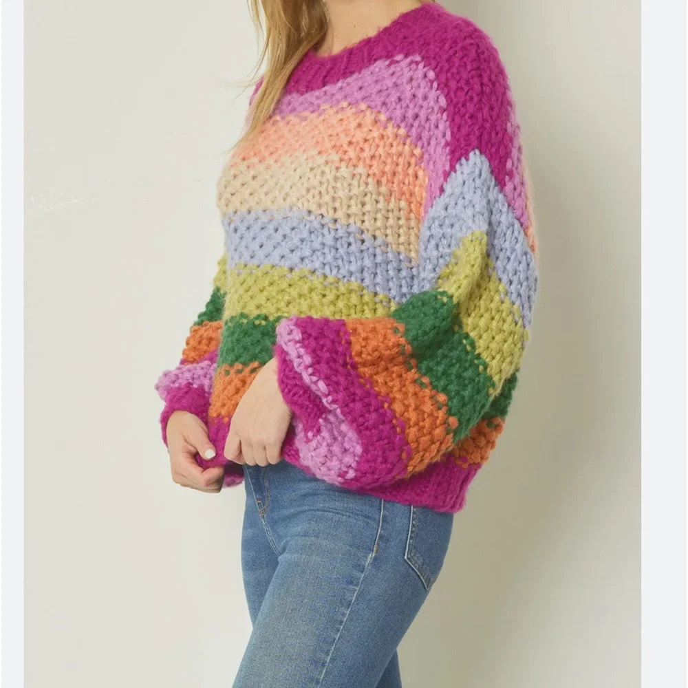 Chunky Knit Rainbow Striped Long Sleeve Knit Sweater by Entro Boutique - Picture 4 of 14